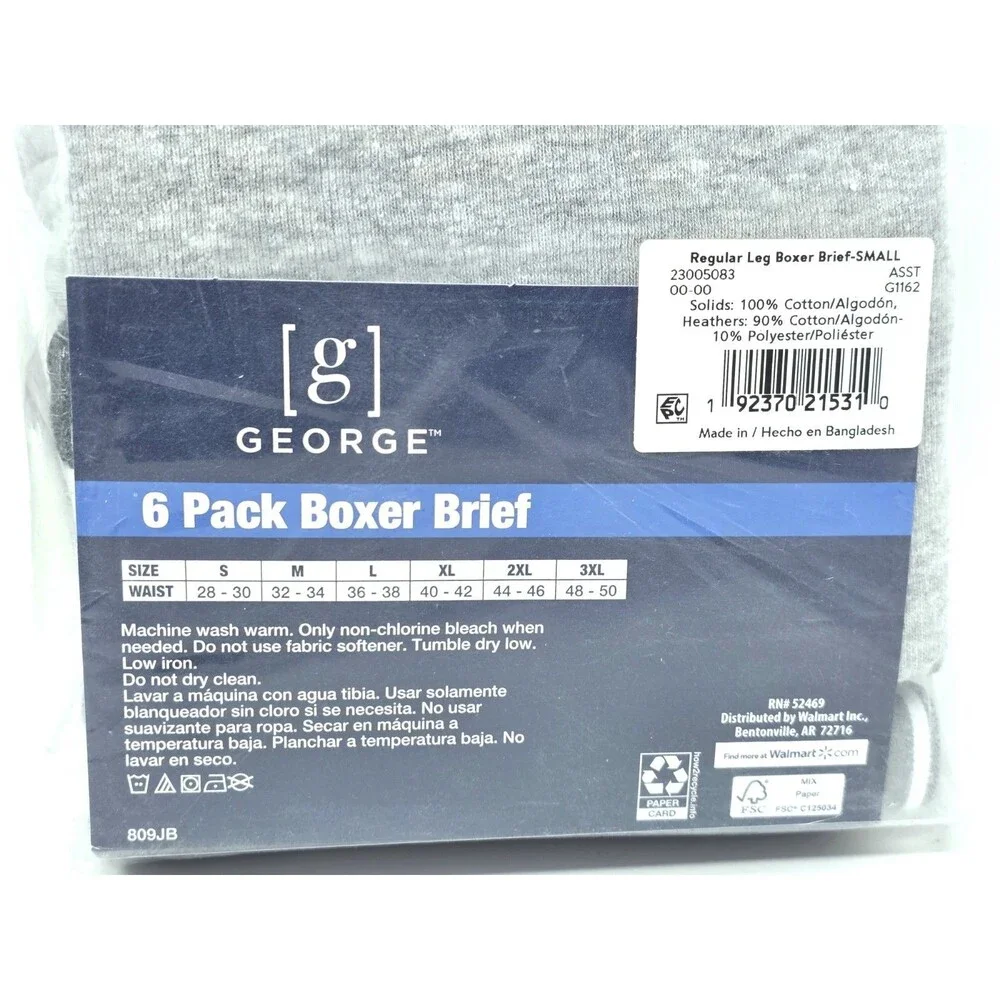George 6-pk Men's S Cotton Regular Leg Boxer Briefs Black Gray Tagless Wicking
